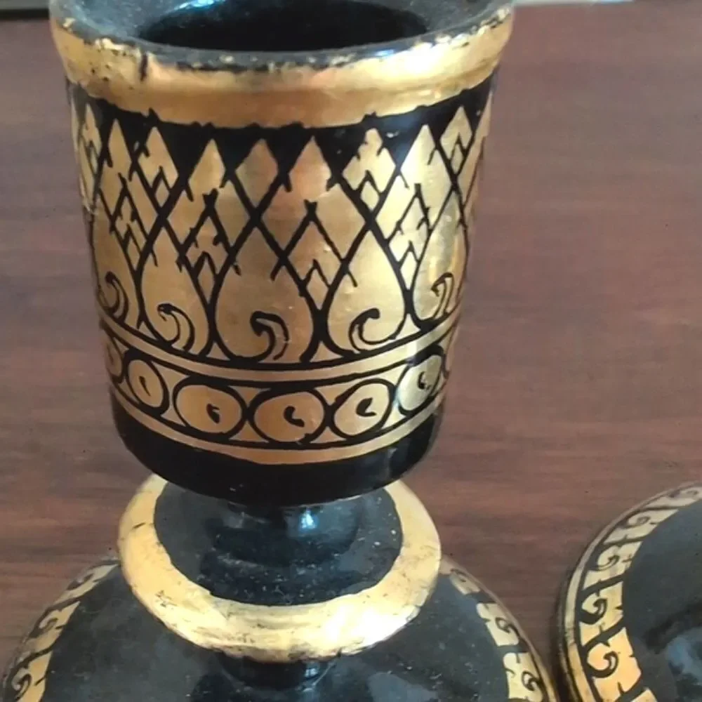 Elegant Black & Gold Hand Painted Khokhloma Russian Folk Art Candle Holders